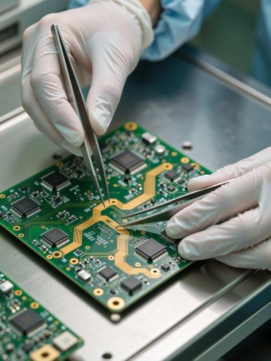 Engineer wearing white anti-static gloves assembling a green printed circuit board, transparent waterproof protective film covering the electronics above, cleanroom environment, bright uniform shadowless lighting