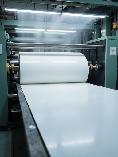 Large industrial textile lamination machine pressing a layer of white film together with dark blue nylon fabric, rotating rollers demonstrating fabric composite processing operation, factory workshop environment