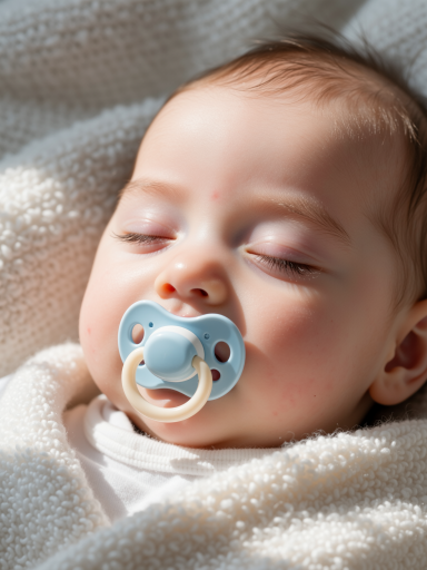 White waterproof breathable mattress protector pad close-up on a crib, surface featuring fine diamond quilted texture, light blue baby pacifier placed beside it, soft warm indoor lighting, cozy nursery atmosphere
