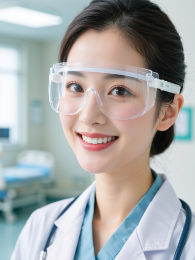 Young female healthcare worker wearing white medical protective suit, blue surgical mask and transparent face shield, standing in a brightly lit hospital corridor, adjusting gloves, sterile environment cold white lighting