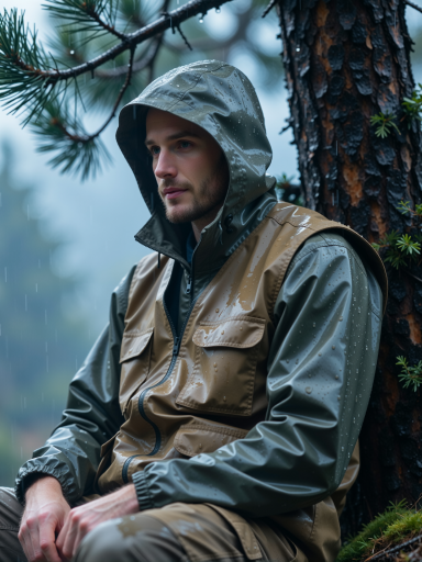 Soldier wearing camouflage tactical uniform and heavy ballistic vest marching through muddy jungle environment in pouring rain, garment surface covered in water beads but appearing dry inside, desaturated documentary photography style