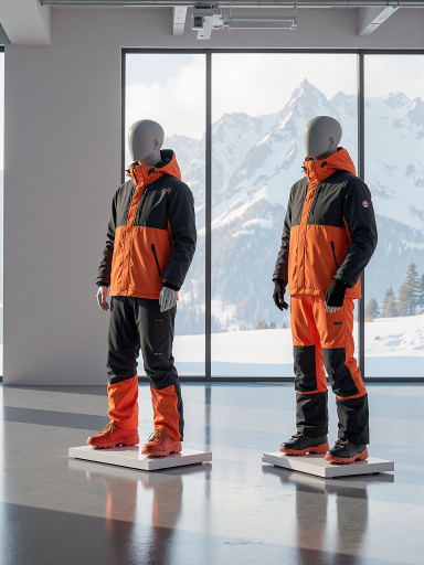 Two adult males wearing bright orange and dark blue hardshell jackets climbing a steep snowy mountain in a blizzard, wearing goggles and mountaineering helmets, heavy snowstorm weather environment, dynamic action photography
