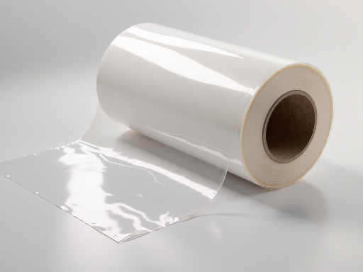 Translucent milky white thin film material laid flat, smooth glossy surface with slight reflection, laboratory environment with pure white background, soft even lighting, macro texture visible